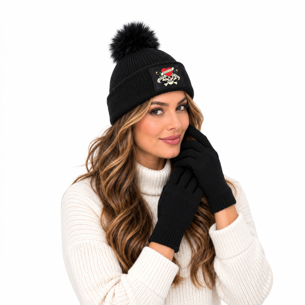 Ed Hardy Womens Hat & Gloves Set One Size Black Pom Beanie Y2K Tattoo Punk